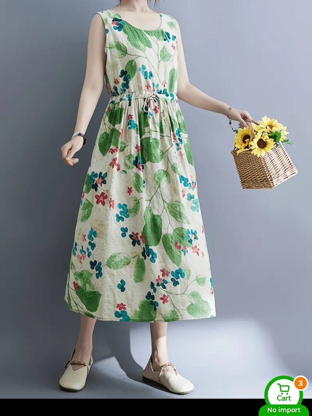 Sleeveless Floral Midi Dress in Green and Cream